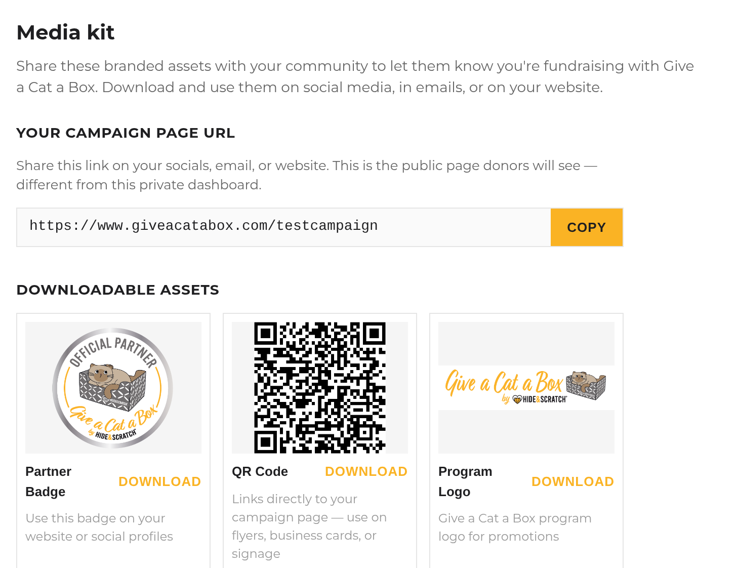 The partner dashboard media kit: your page link, a QR code, a partner badge, and the program logo to download