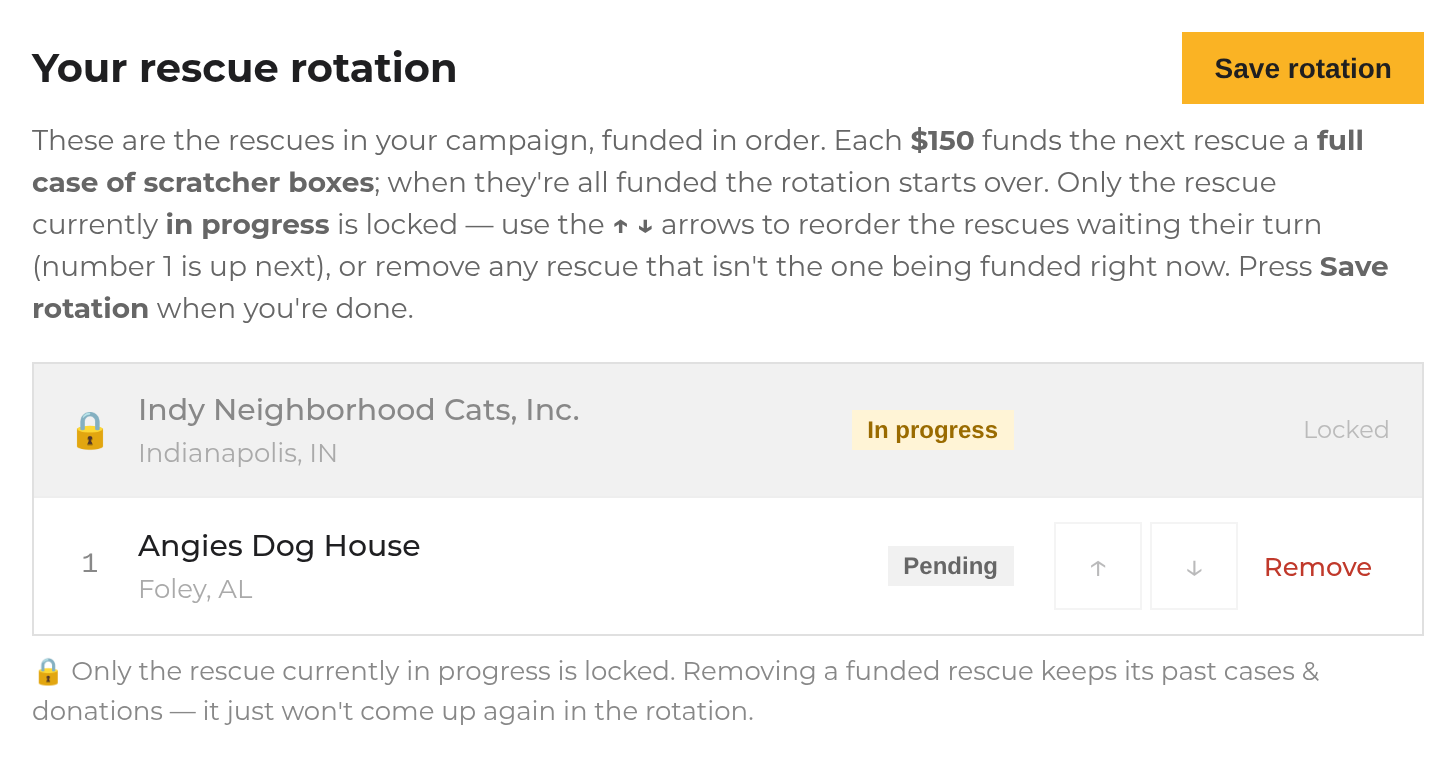 The partner dashboard rescue rotation: a list of rescues in order, with arrows to reorder them