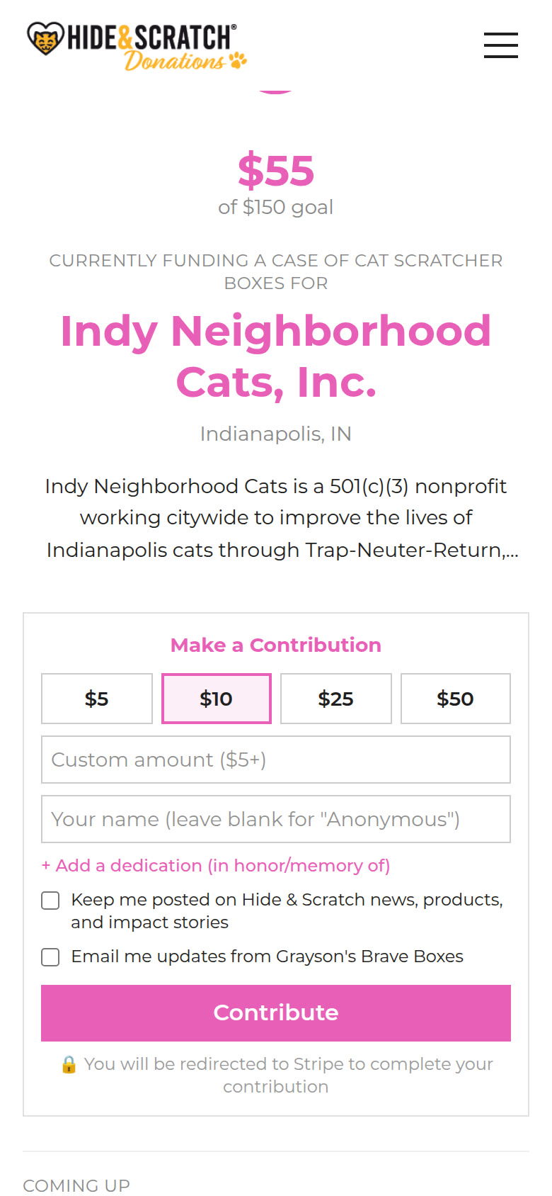The same campaign page on a phone, scrolled to the donation form with amount buttons and a Contribute button